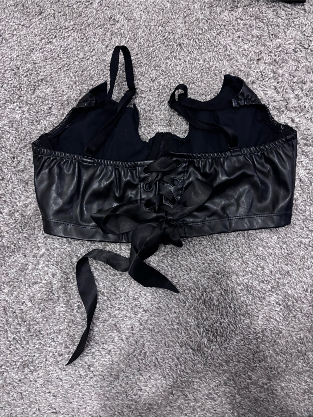 Black Faux Leather Lace-Up Garment with Ribbon Detail